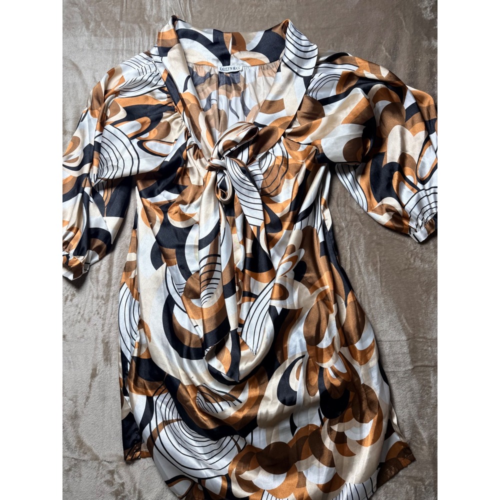Y2K Kaelyn Max Womens Abstract Geometric Satin Tie Neck Mini Dress Medium Retro